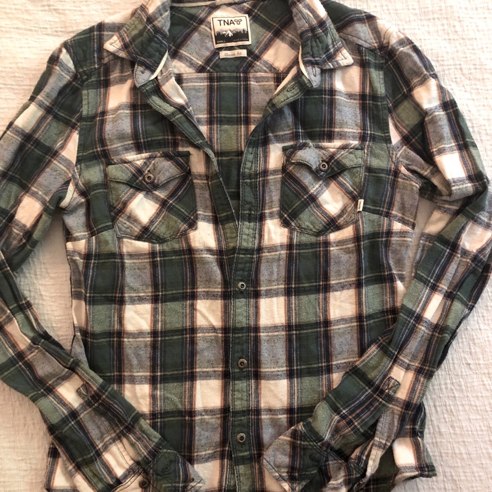 TNA green plaid button down flannel shirt